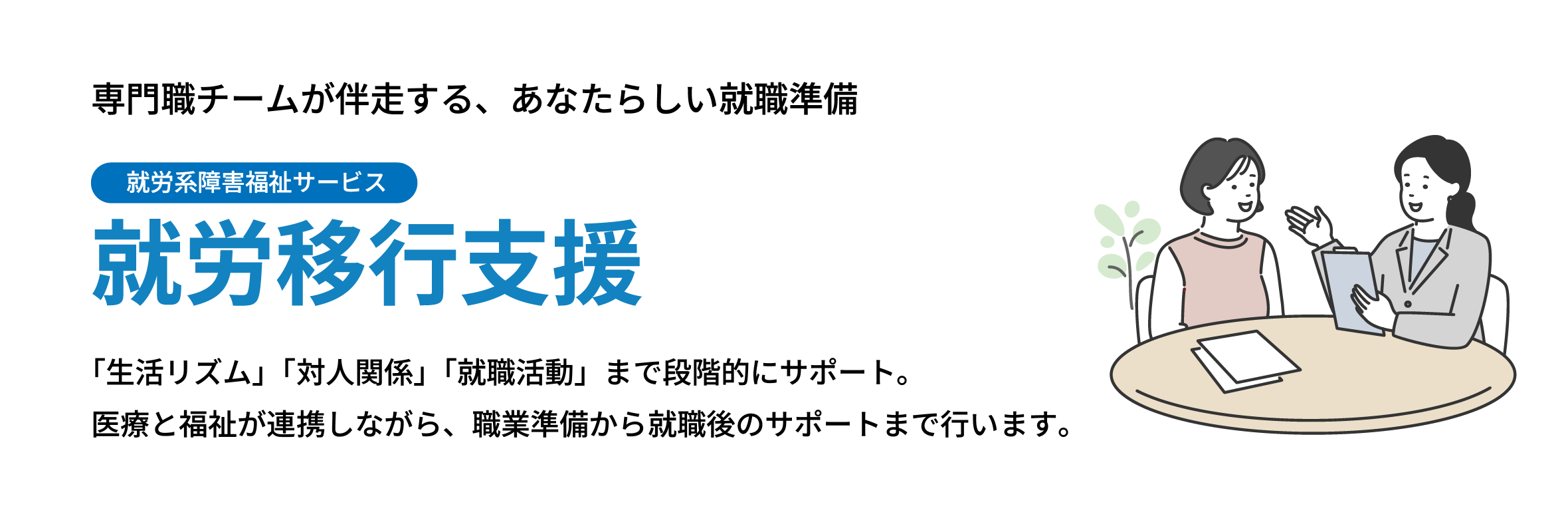 就労移行支援サービス。「生活リズム」「対人関係」「就職活動」まで段階的にサポート。
医療と福祉が連携しながら、職業準備から就職後のサポートまで行います。